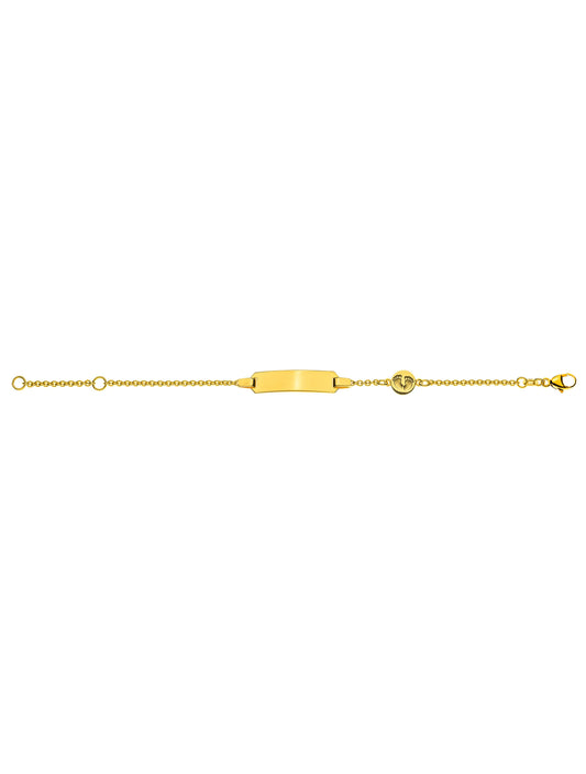 Bébé Bracelet Rundanker mit Gravurplatte rechteckig lang mit Babyfüssen (Gelbgold 750)