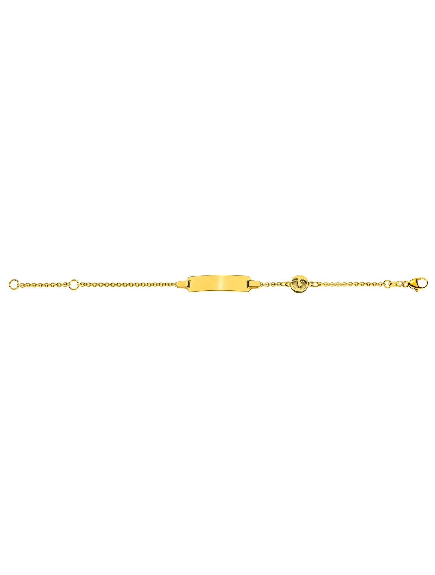 Bébé Bracelet Rundanker mit Gravurplatte rechteckig lang mit Babyfüssen (Gelbgold 375)