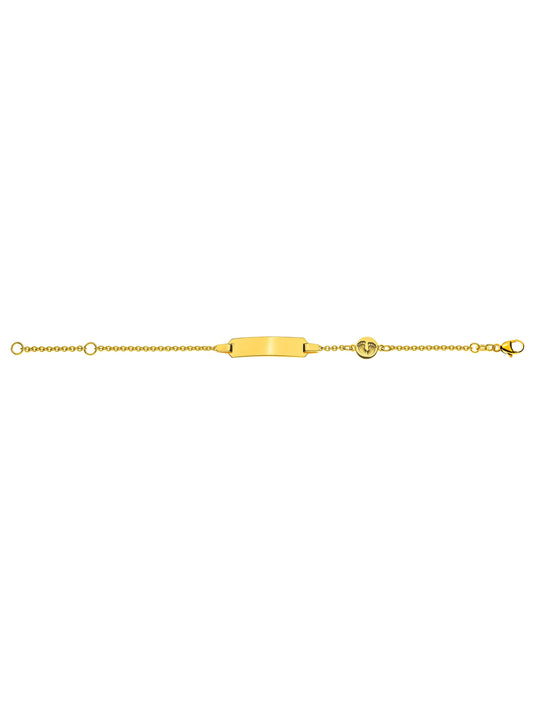 Bébé Bracelet Rundanker mit Gravurplatte rechteckig lang mit Babyfüssen (Gelbgold 375)