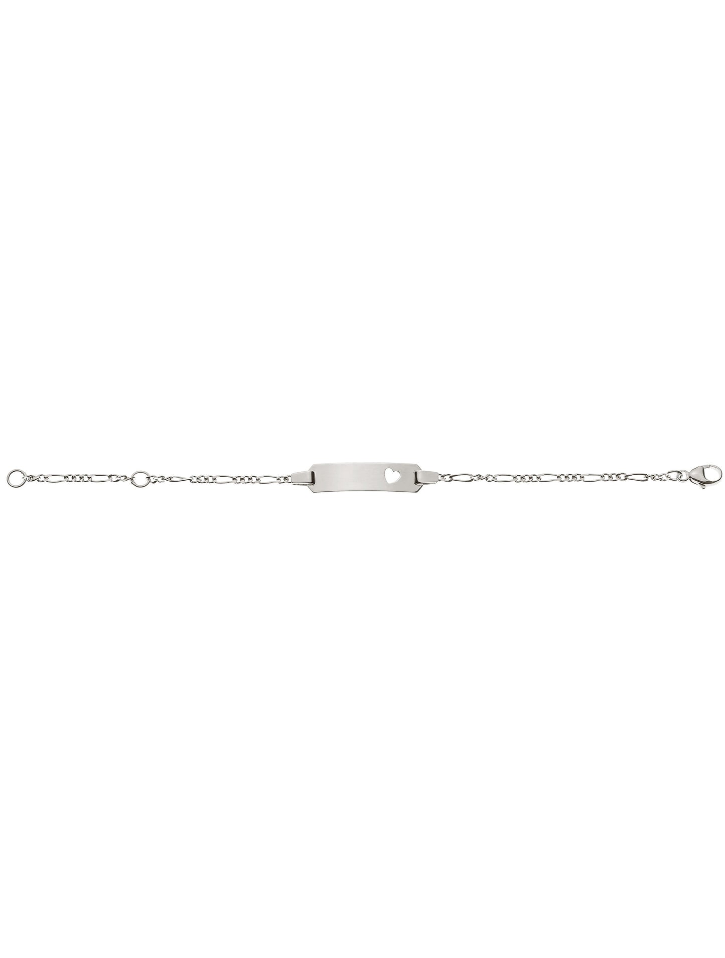 Bébé Bracelet Figaro diamantiert mit Gravurplatte rechteckig lang mit ausgestanztem Herz (Weissgold 750)