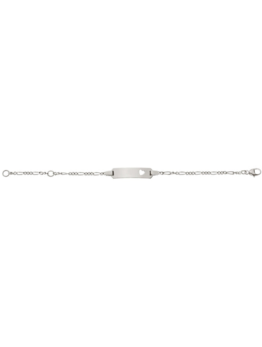 Bébé Bracelet Figaro diamantiert mit Gravurplatte rechteckig lang mit ausgestanztem Herz (Weissgold 750)