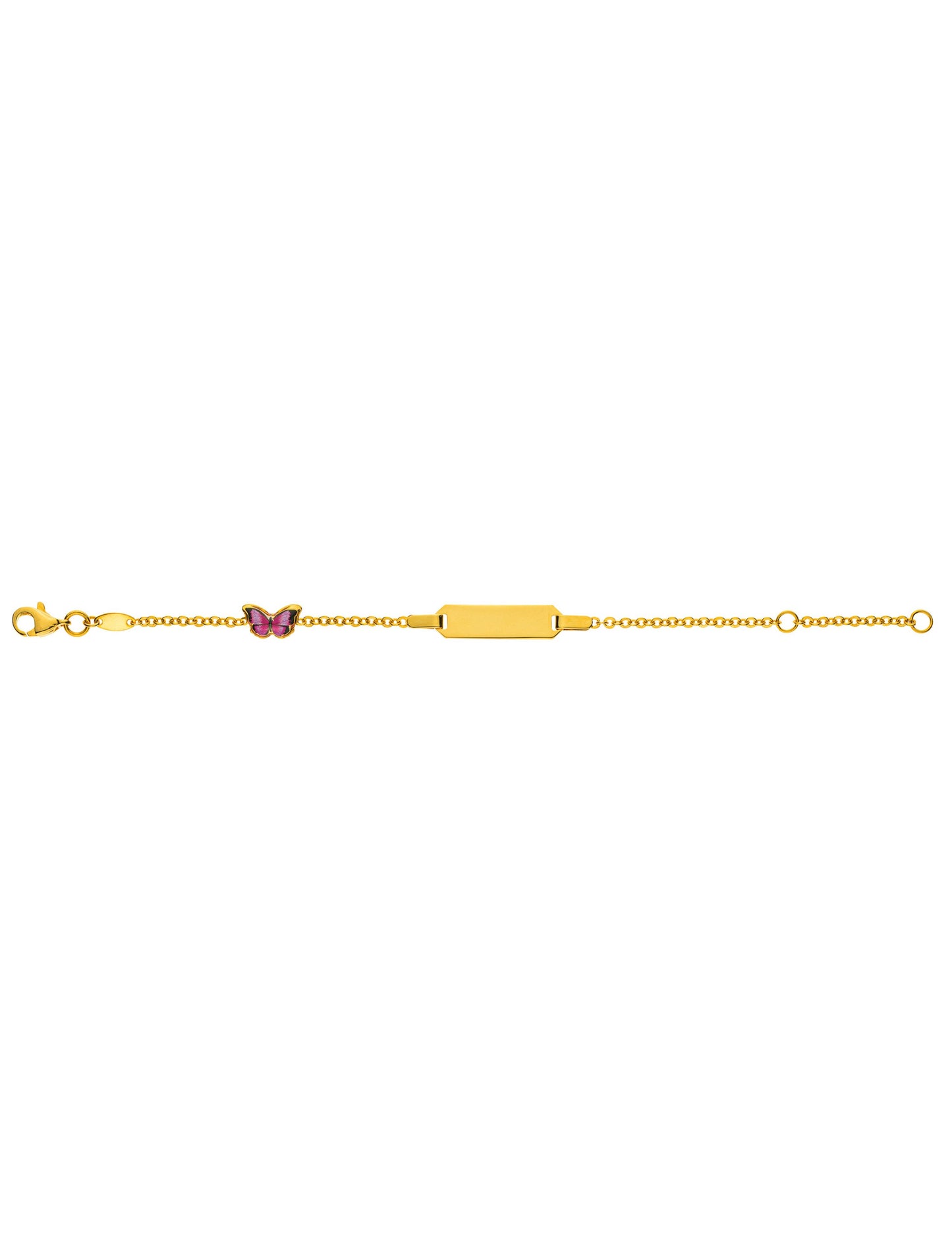 Bébé Bracelet Spiegelanker mit Schmetterling mit Gravurplatte rechteckig kurz (Gelbgold 375)