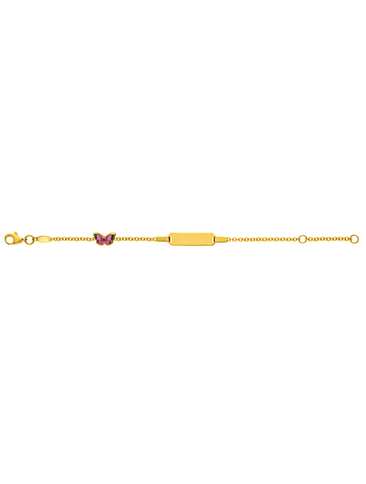 Bébé Bracelet Spiegelanker mit Schmetterling mit Gravurplatte rechteckig kurz (Gelbgold 375)