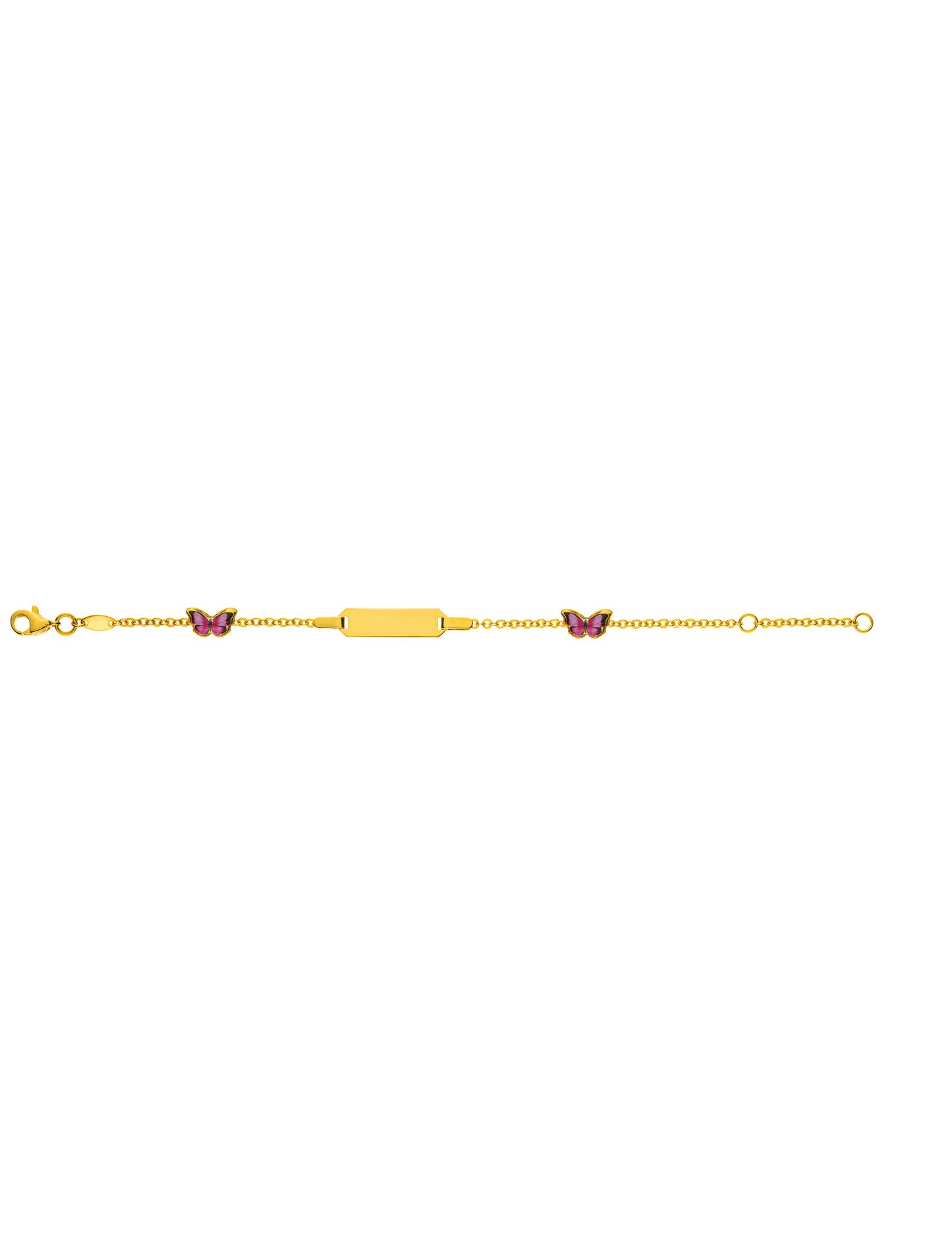 Bébé Bracelet Spiegelanker mit Schmetterlingen mit Gravurplatte rechteckig kurz (Gelbgold 375)
